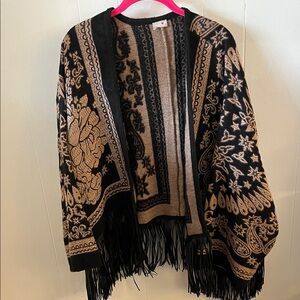 Chico's Black and Tan Patterned Fringe Cardigan